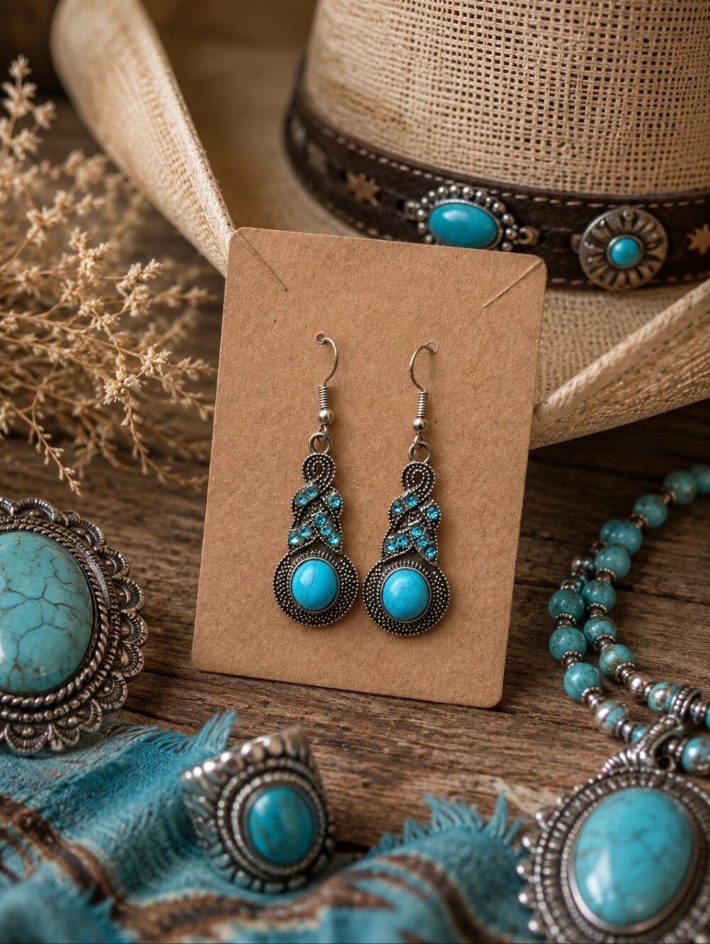 Turquoise Western Dangle Earrings | Southwestern Boho Earrings | Aqua Rhinestone
